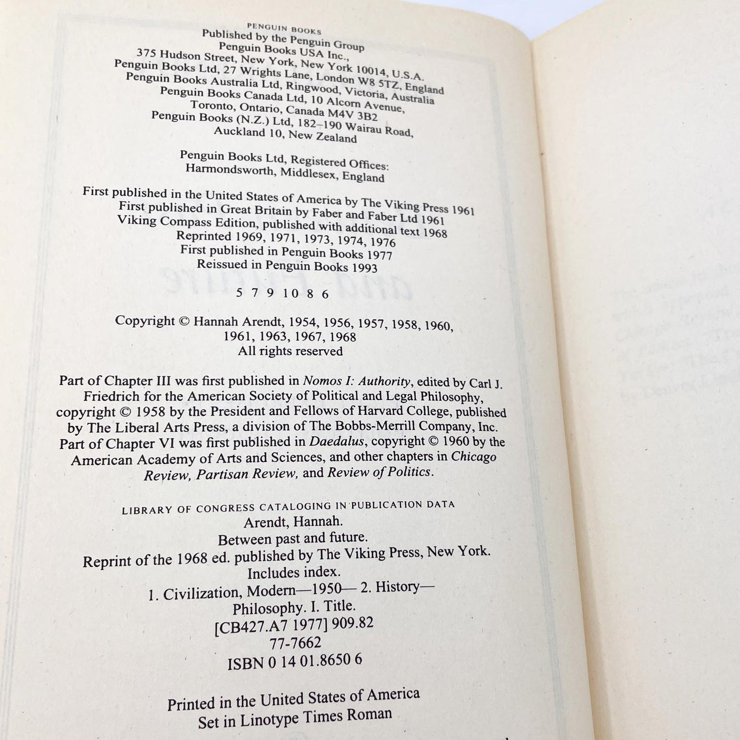 Between Past and Future by Hannah Arendt [TRADE PAPERBACK] 1993 • Penguin