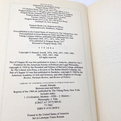 Between Past and Future by Hannah Arendt [TRADE PAPERBACK] 1993 • Penguin