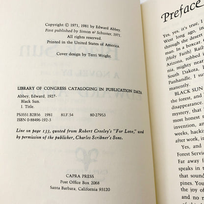 Black Sun by Edward Abbey [FIRST PAPERBACK EDITION] 1981 • Capra Press