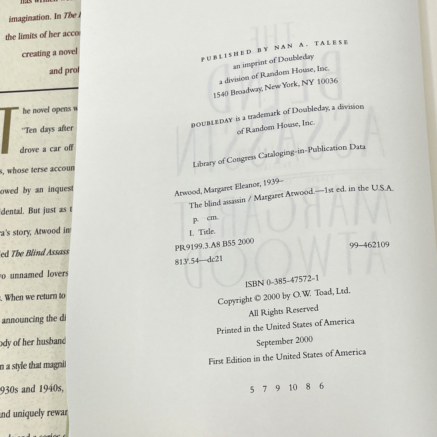 The Blind Assassin by Margaret Atwood [U.S. FIRST EDITION] 2000 • Nan A. Talese