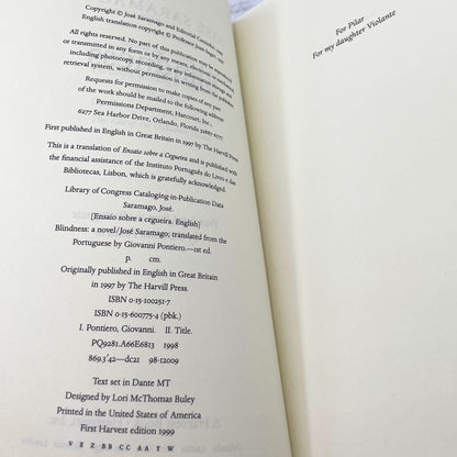 Blindness by José Saramago [FIRST U.S. PAPERBACK EDITION] 1999 • Harvest