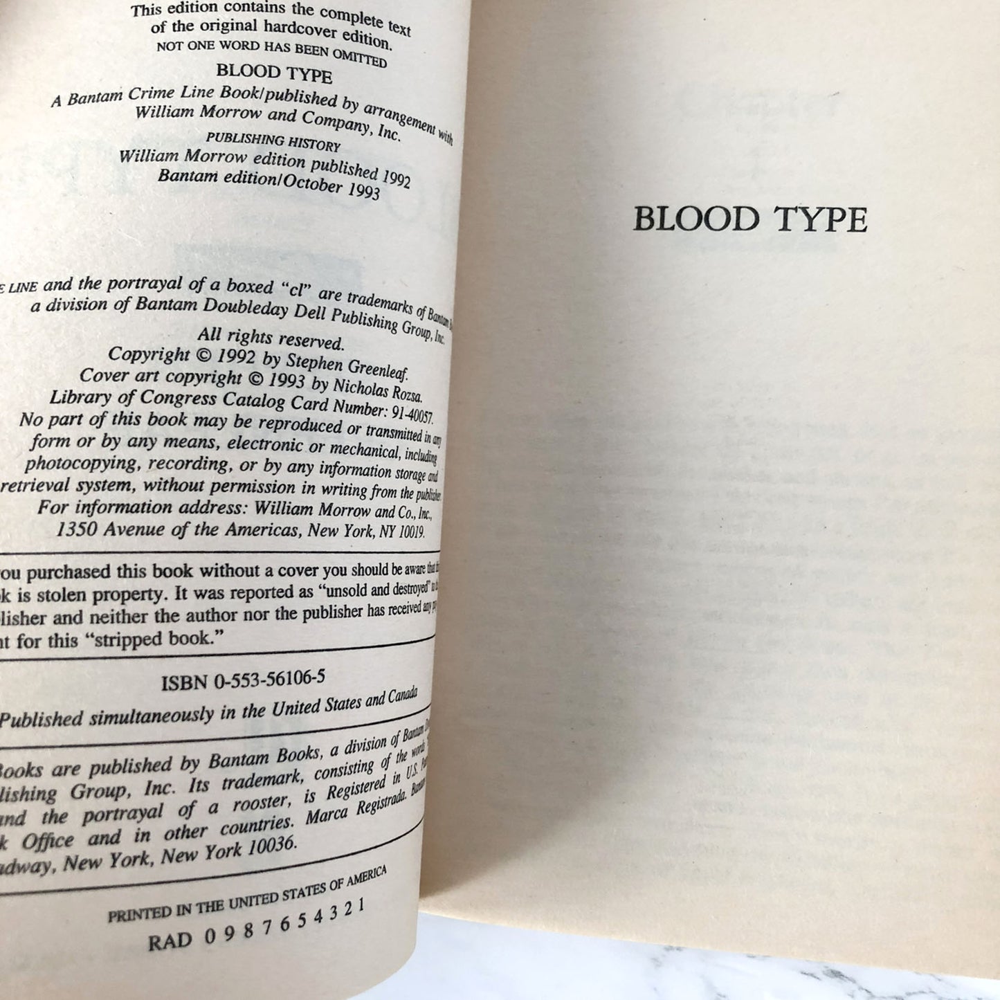 Blood Type by Stephen Greenleaf [FIRST PAPERBACK PRINTING] 1993 • Bantam Crime