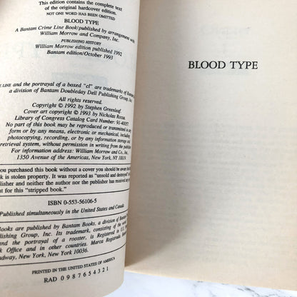 Blood Type by Stephen Greenleaf [FIRST PAPERBACK PRINTING] 1993 • Bantam Crime