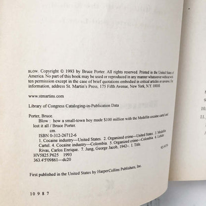 BLOW: How a Small-Town Boy Made $100 Million with the Medellín Cocaine Cartel & Lost It All by Bruce Porter [TRADE PAPERBACK] 2001