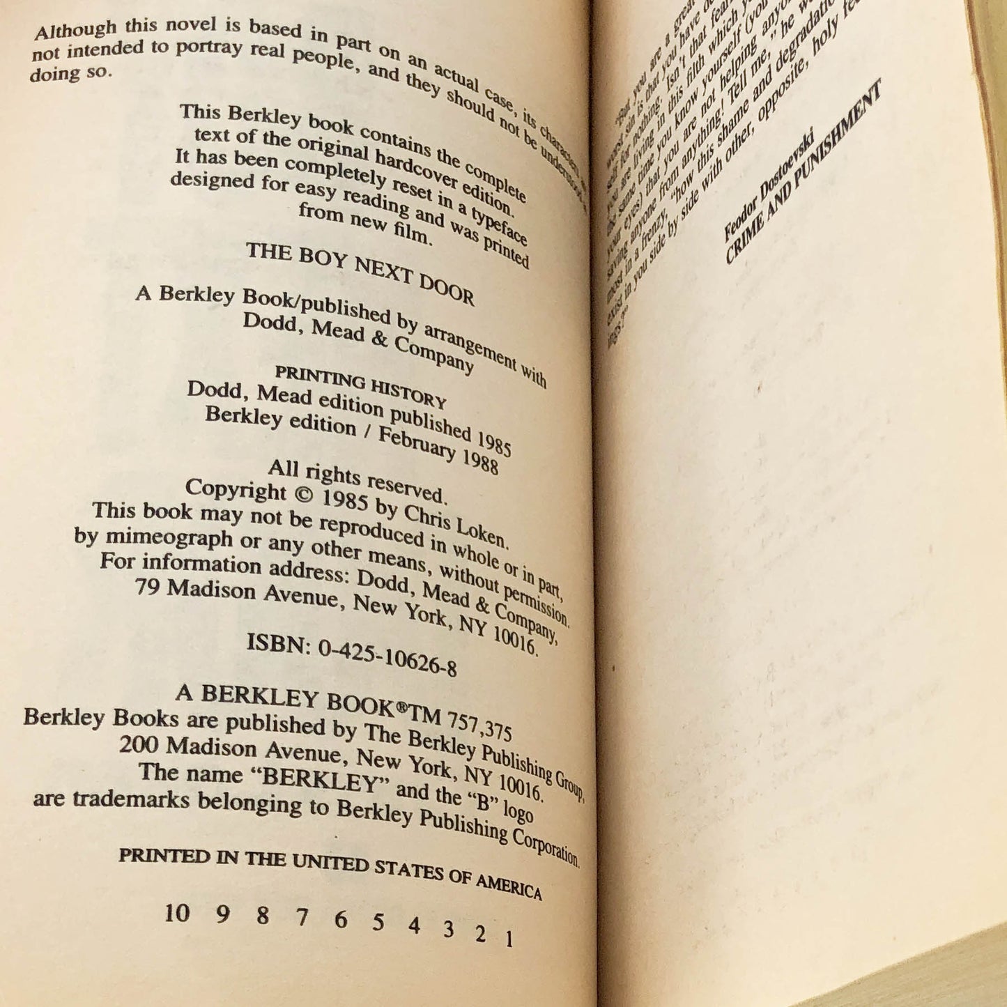 The Boy Next Door by Chris Loken [FIRST PAPERBACK PRINTING] 1988 • Berkley