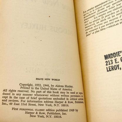 Brave New World by Aldous Huxley [1969 PAPERBACK] • Harper & Row