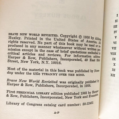 Brave New World Revisited by Aldous Huxley [1965 PAPERBACK] • Perennial Library