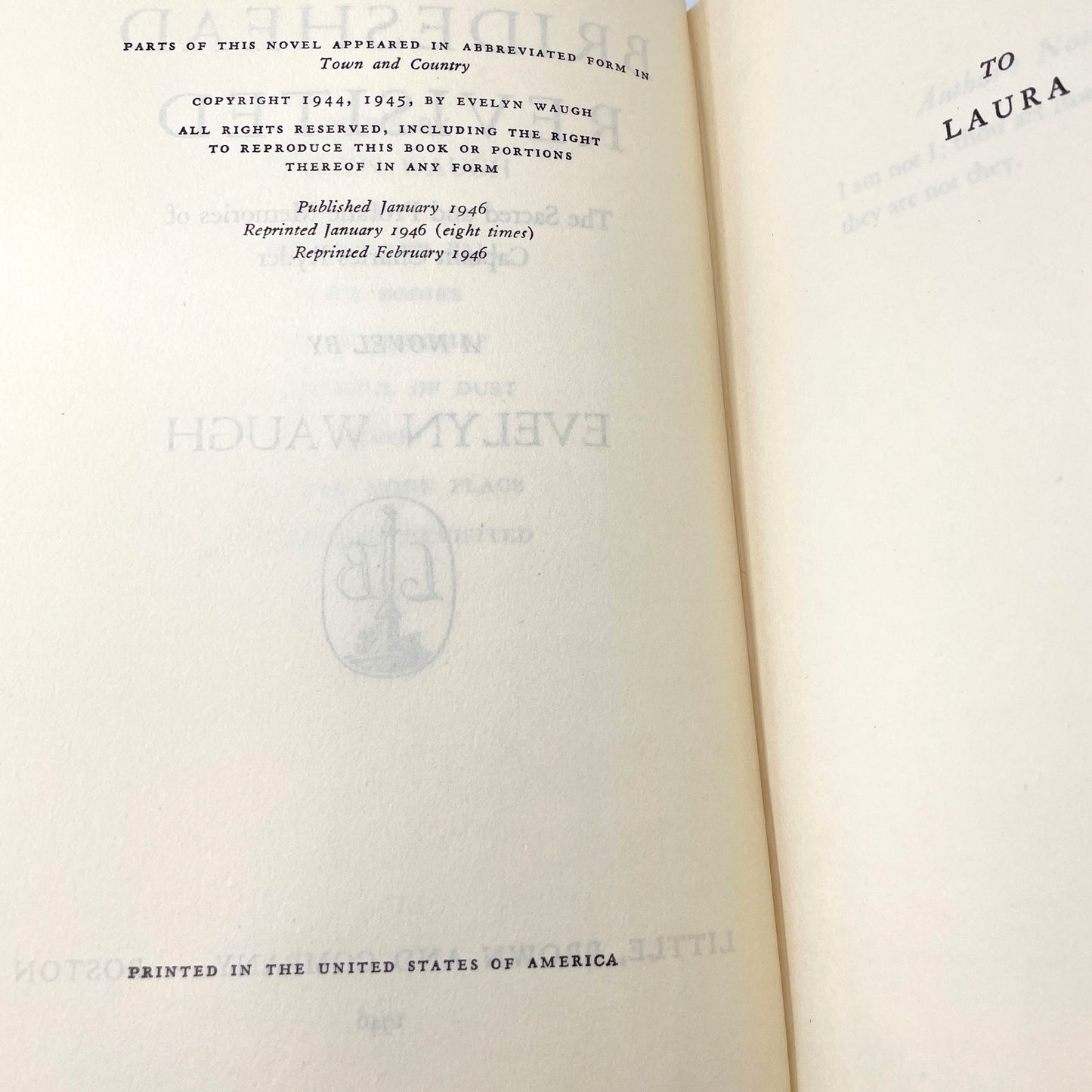 Brideshead Revisited by Evelyn Waugh [FIRST EDITION] 1946 • 9th Print • Little Brown & Co.