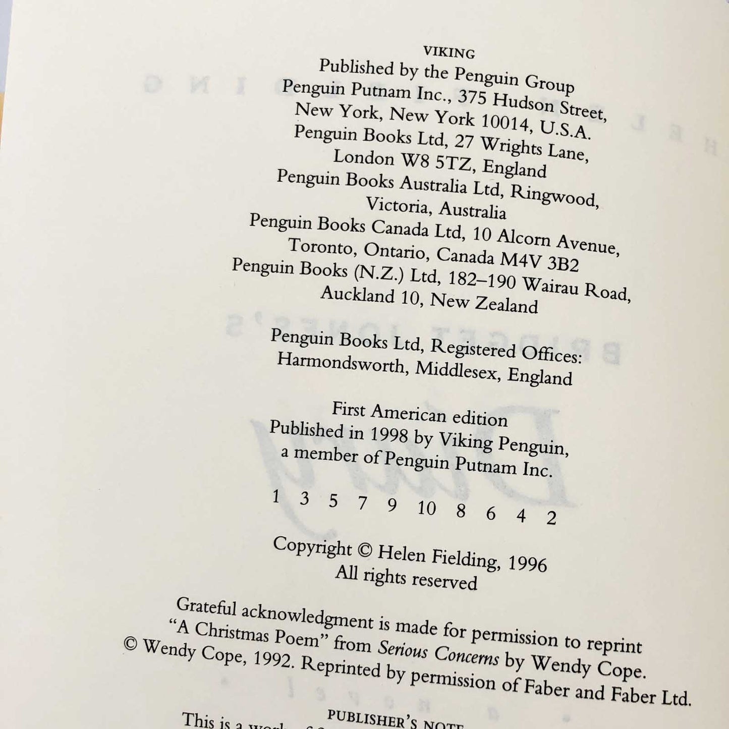 Bridget Jones's Diary by Helen Fielding [U.S. FIRST EDITION • FIRST PRINTING] 1998 • Viking