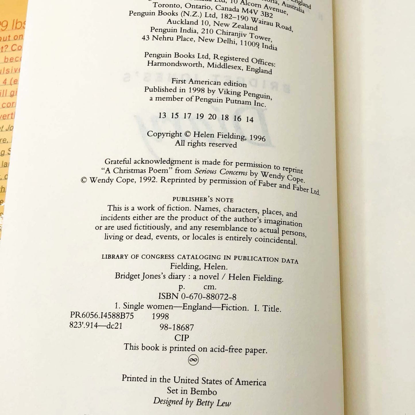 Bridget Jones's Diary by Helen Fielding [U.S. FIRST EDITION] 1998 • Viking