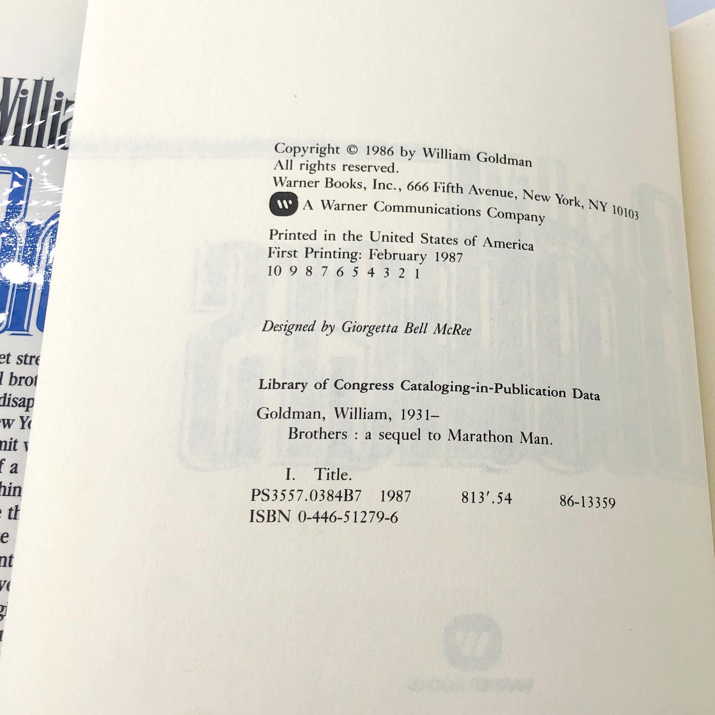 Brothers by William Goldman [FIRST EDITION • FIRST PRINTING] 1987 • Warner Books