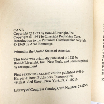 Cane by Jean Toomer [1969 PAPERBACK] • Perennial Classics
