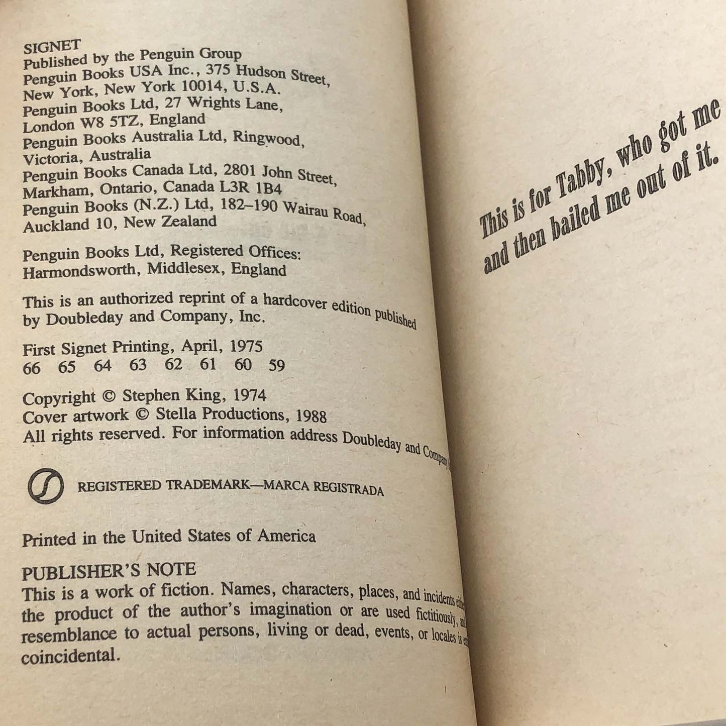 Carrie by Stephen King [1988 PAPERBACK] • Signet Books