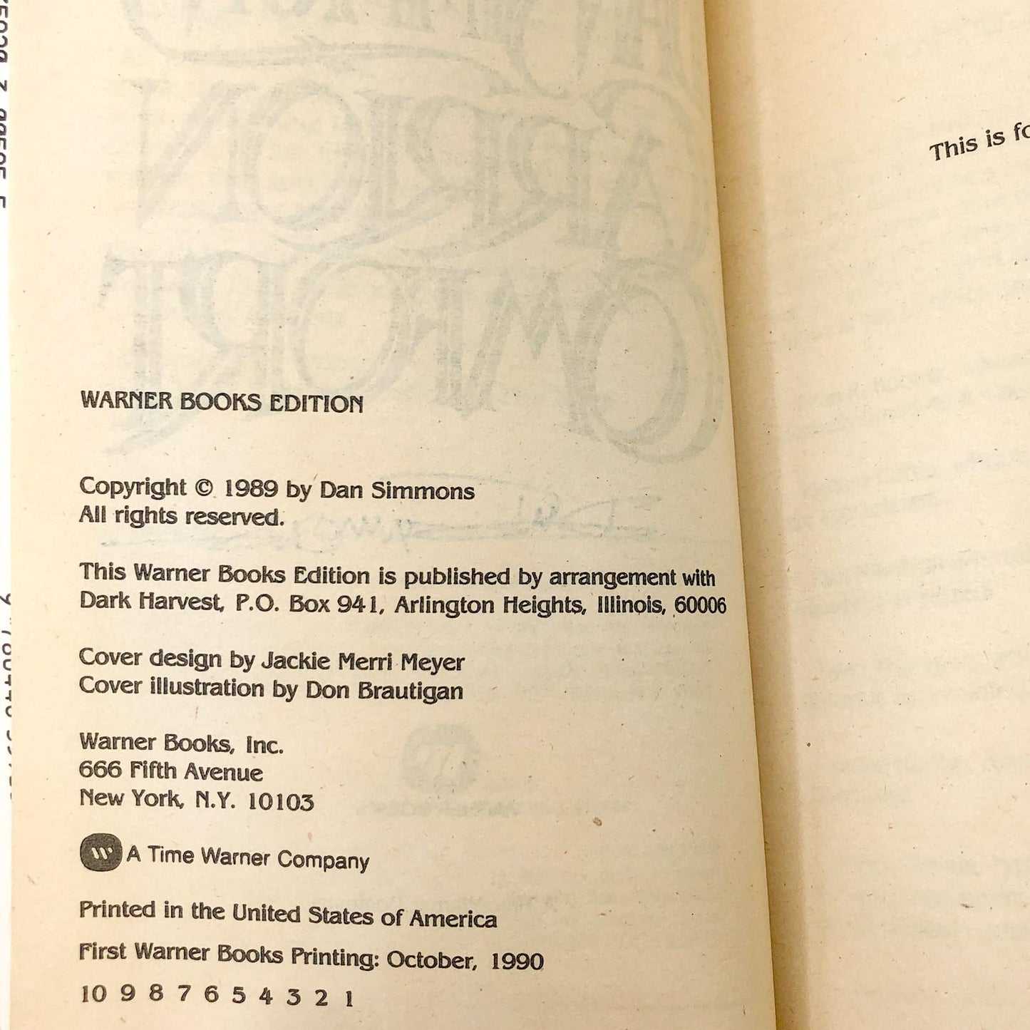 Carrion Comfort by Dan Simmons SIGNED • [FIRST PAPERBACK PRINTING] 1990 • Warner Books *See condition