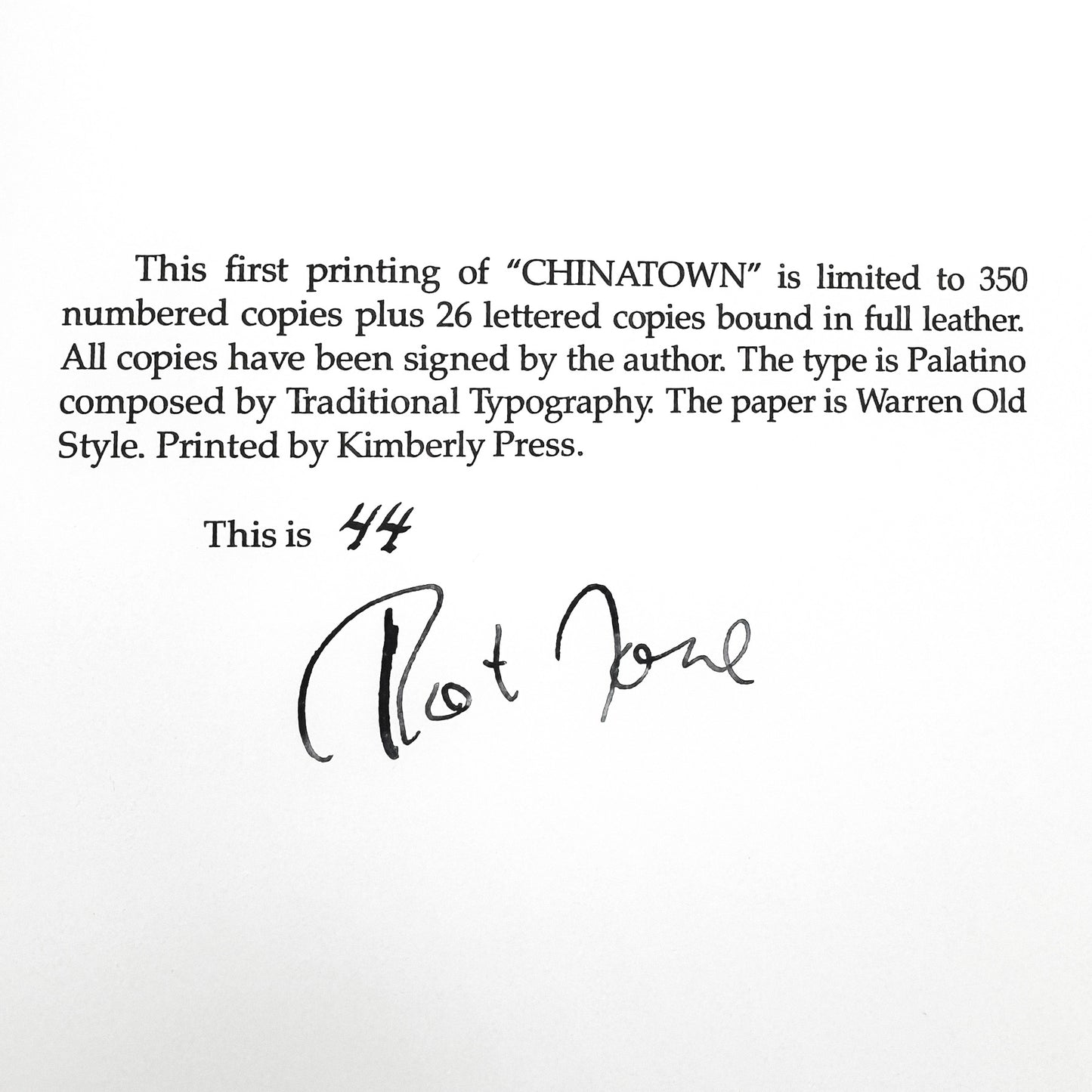 Chinatown: A Screenplay by Robert Towne SIGNED + NUMBERED! [LIMITED FIRST EDITION] #44/350 • 1983 • Neville