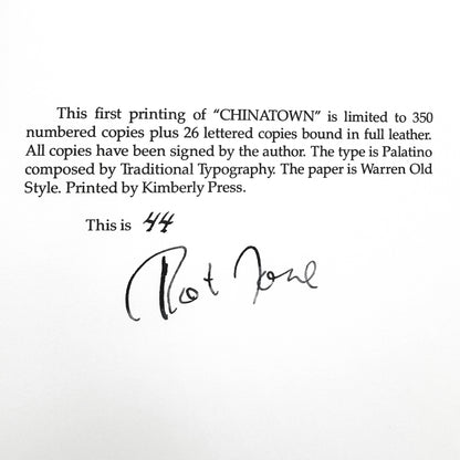 Chinatown: A Screenplay by Robert Towne SIGNED + NUMBERED! [LIMITED FIRST EDITION] #44/350 • 1983 • Neville
