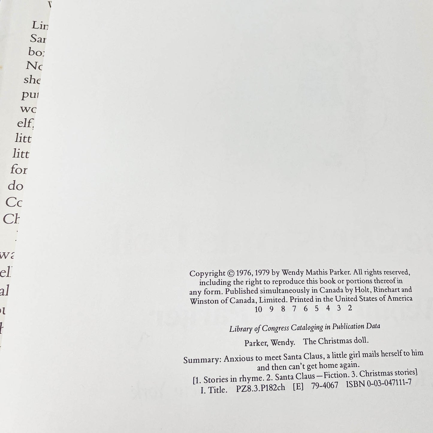 The Christmas Doll by Wendy Mathis Parker [FIRST EDITION] 1979 • Holt, Rinehart & Winston