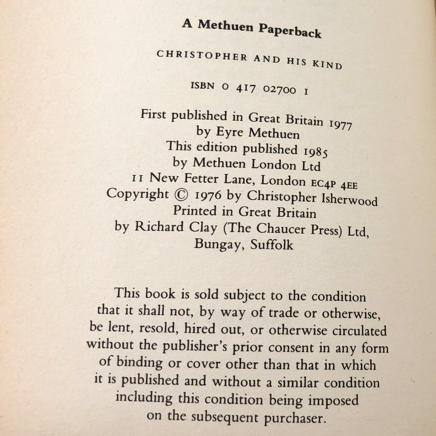 Christopher and His Kind by Christopher Isherwood [U.K HARDCOVER] 1985 • Metheun