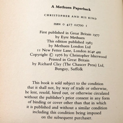 Christopher and His Kind by Christopher Isherwood [U.K HARDCOVER] 1985 • Metheun