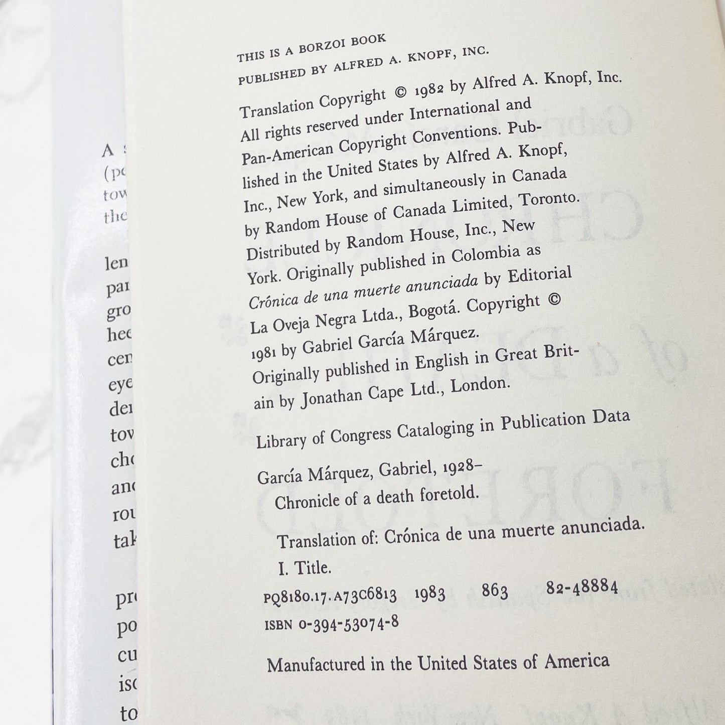 Chronicle of a Death Foretold by Gabriel García Márquez [FIRST BOOK CLUB EDITION] 1983 • Knopf