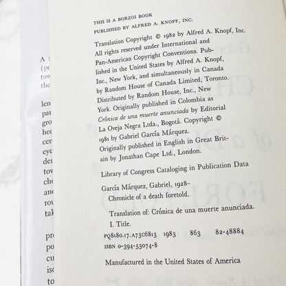 Chronicle of a Death Foretold by Gabriel García Márquez [FIRST BOOK CLUB EDITION] 1983 • Knopf