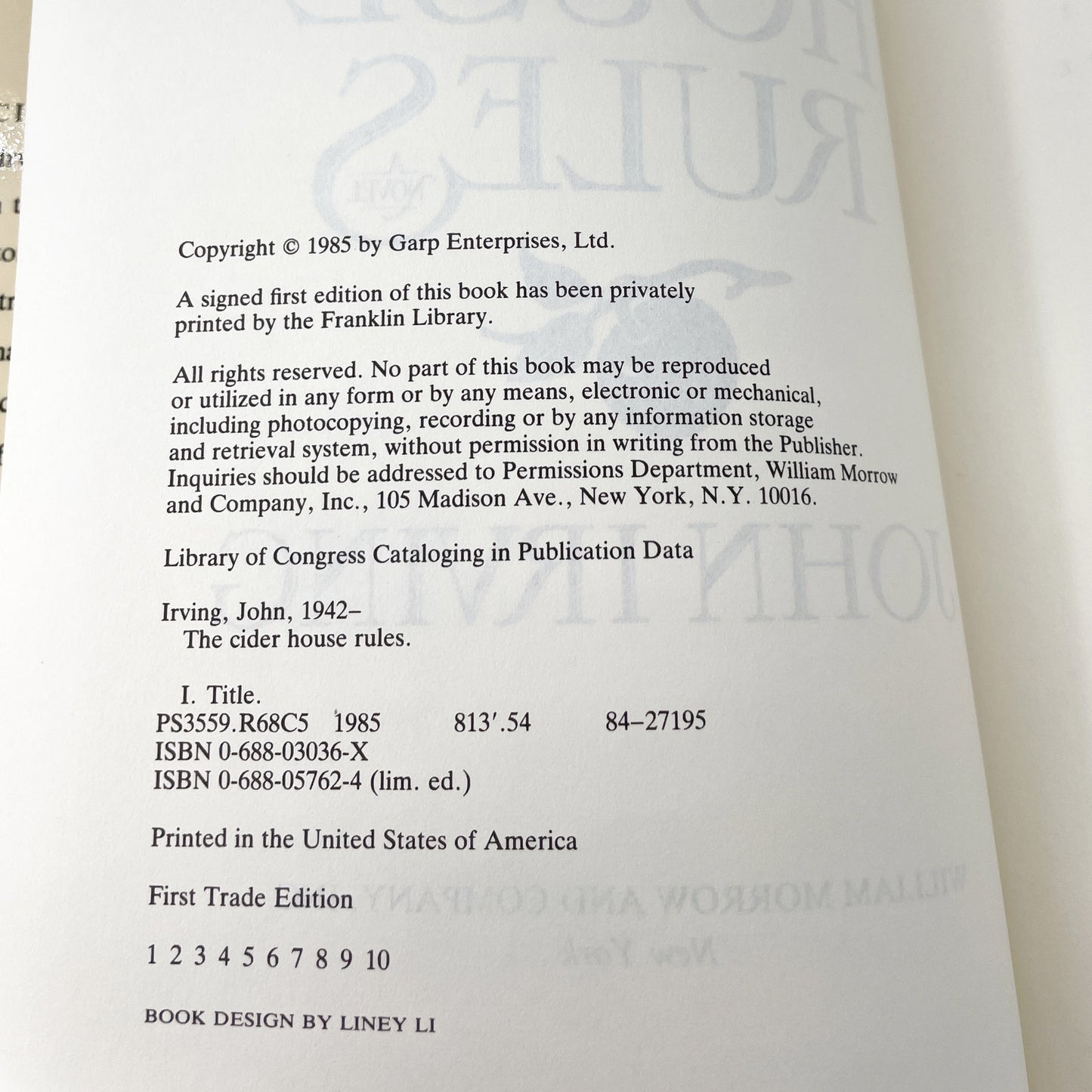 The Cider House Rules by John Irving [FIRST EDITION • FIRST PRINTING] 1985 • William Morrow