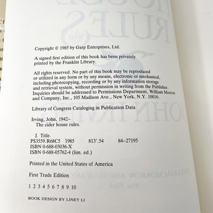 The Cider House Rules by John Irving [FIRST EDITION • FIRST PRINTING] 1985 • William Morrow