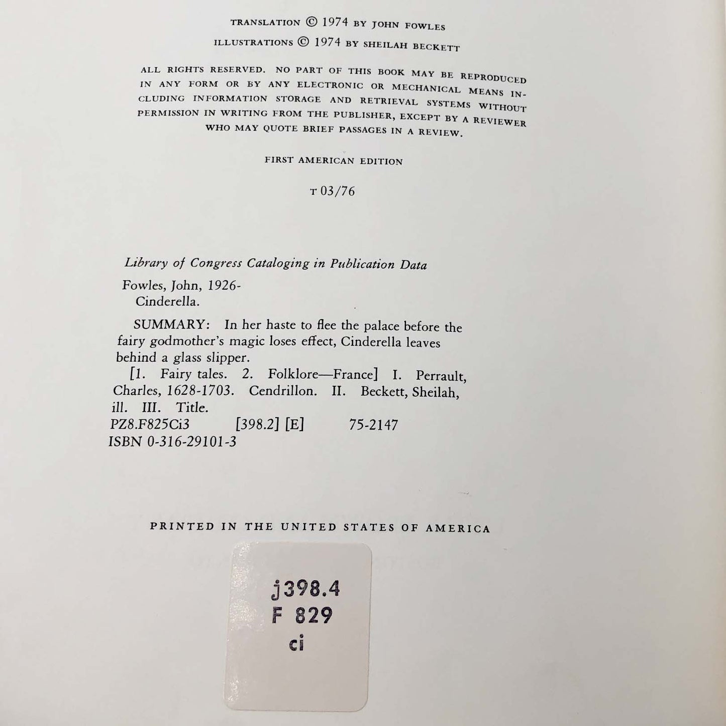 Cinderella by John Fowles [U.S. FIRST EDITION] 1974 • Illustrated by Sheilah Beckett • Little Brown