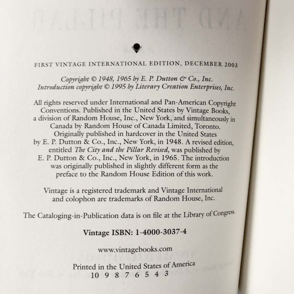 The City and The Pillar by Gore Vidal [TRADE PAPERBACK] 2003 • Vintage Intl.