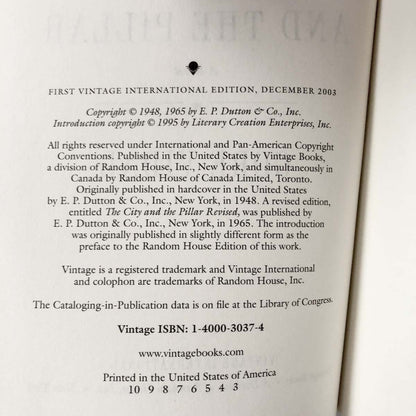 The City and The Pillar by Gore Vidal [TRADE PAPERBACK] 2003 • Vintage Intl.