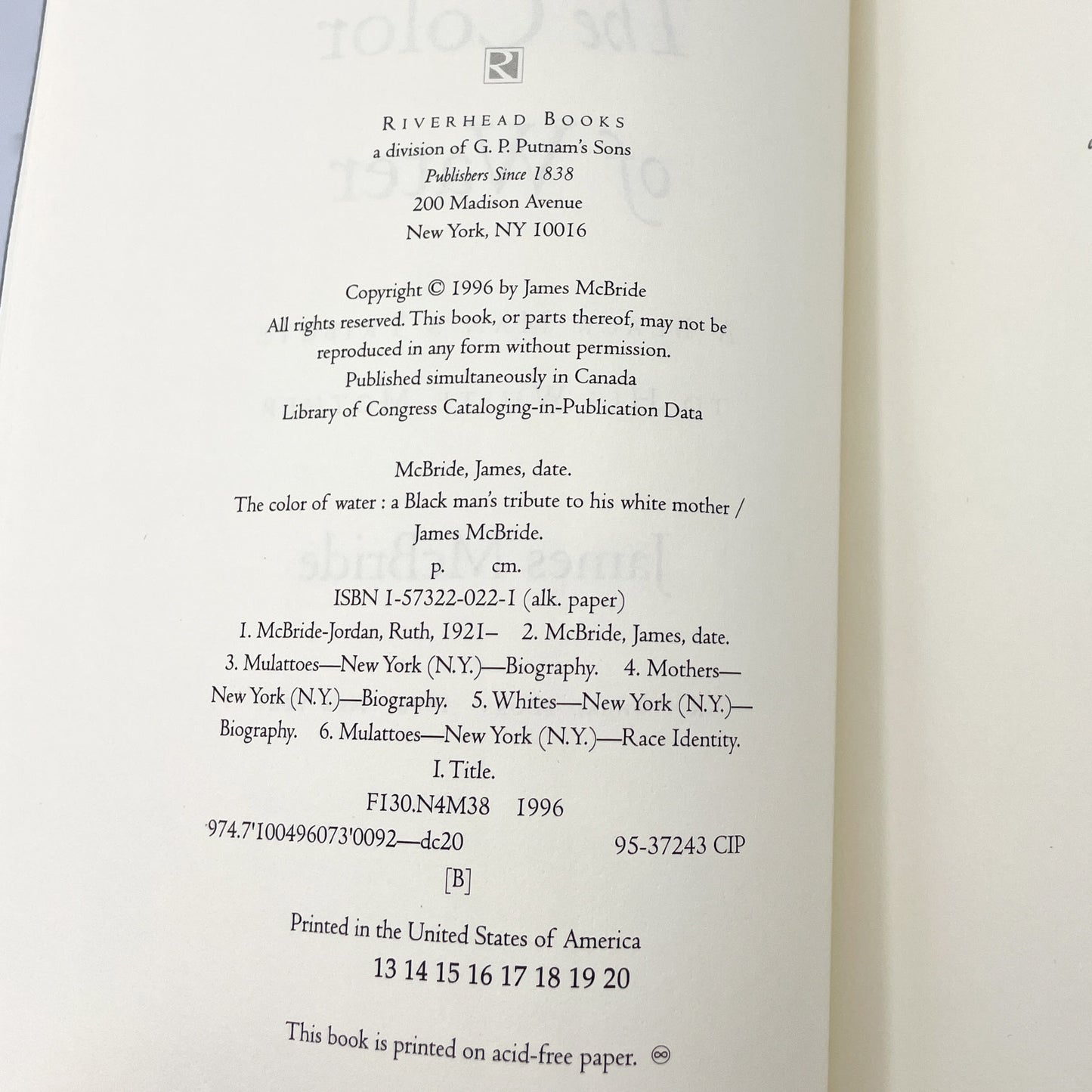 The Color of Water: A Black Man's Tribute to His White Mother by James McBride [FIRST EDITION] 1996 • Riverhead Books