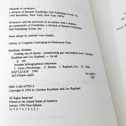 Coming Out of Shame: Transforming Gay & Lesbian Lives by Gershen Kaufman & Lev Raphael [UNCORRECTED PROOF] 1996 • Doubleday