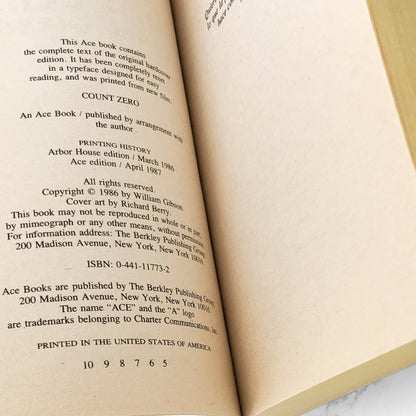 Count Zero by William Gibson [FIRST PAPERBACK EDITION] 1987 • Ace Sci-Fi