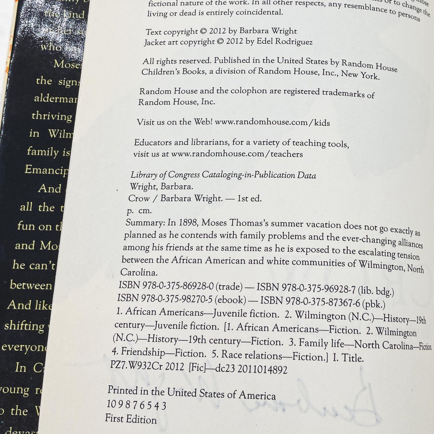 Crow by Barbara Wright SIGNED! [FIRST EDITION] 2012 • Random House