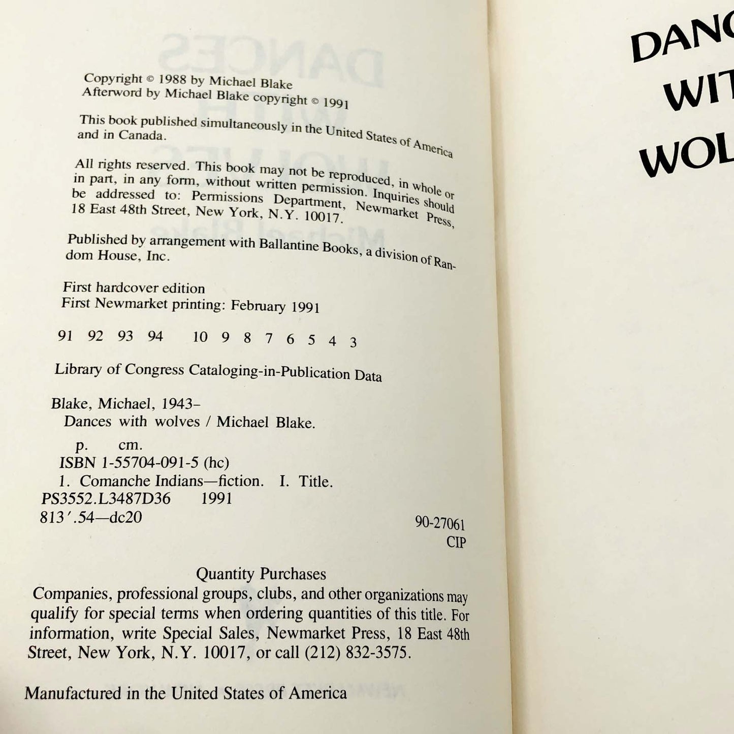 Dances with Wolves by Michael Blake [FIRST EDITION HARDCOVER] 1991 • Newmarket Press