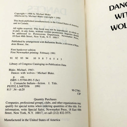 Dances with Wolves by Michael Blake [FIRST EDITION HARDCOVER] 1991 • Newmarket Press