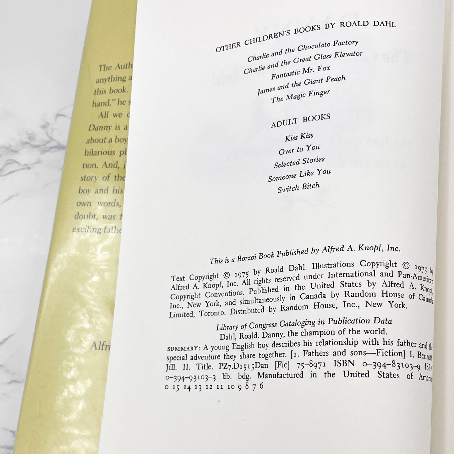 Danny the Champion of the World by Roald Dahl [FIRST EDITION • SECOND STATE] 1989 • 6th Printing • Knopf