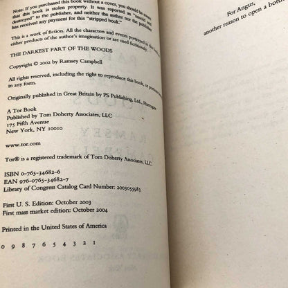 The Darkest Part of the Woods by Ramsey Campbell [FIRST PAPERBACK PRINTING] 2004 • TOR Horror