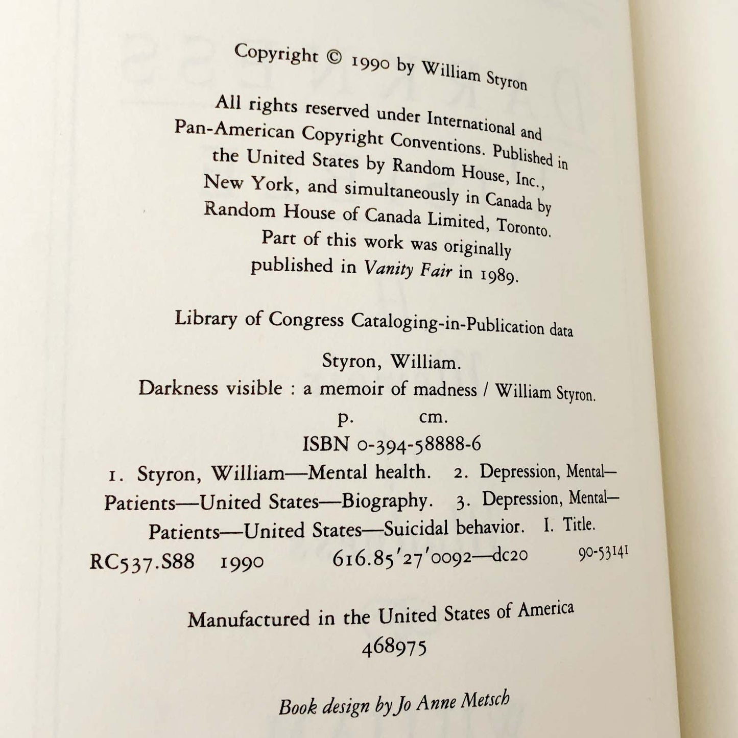 Darkness Visible: A Memoir of Madness by William Styron SIGNED! [FIRST EDITION] 1990 • Random House