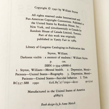 Darkness Visible: A Memoir of Madness by William Styron SIGNED! [FIRST EDITION] 1990 • Random House
