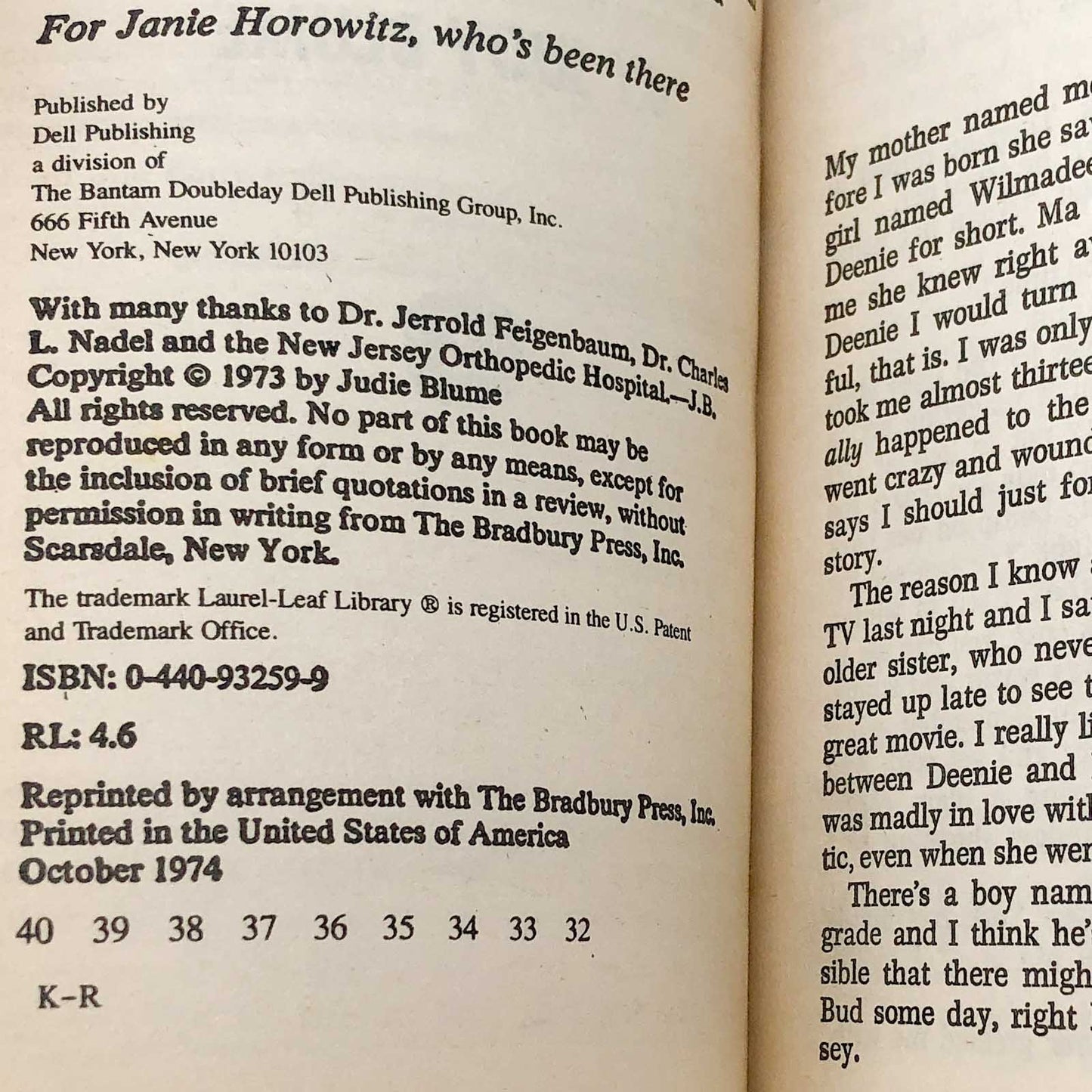 Deenie by Judy Blume [FIRST PAPERBACK EDITION] Dell • Laurel-Leaf