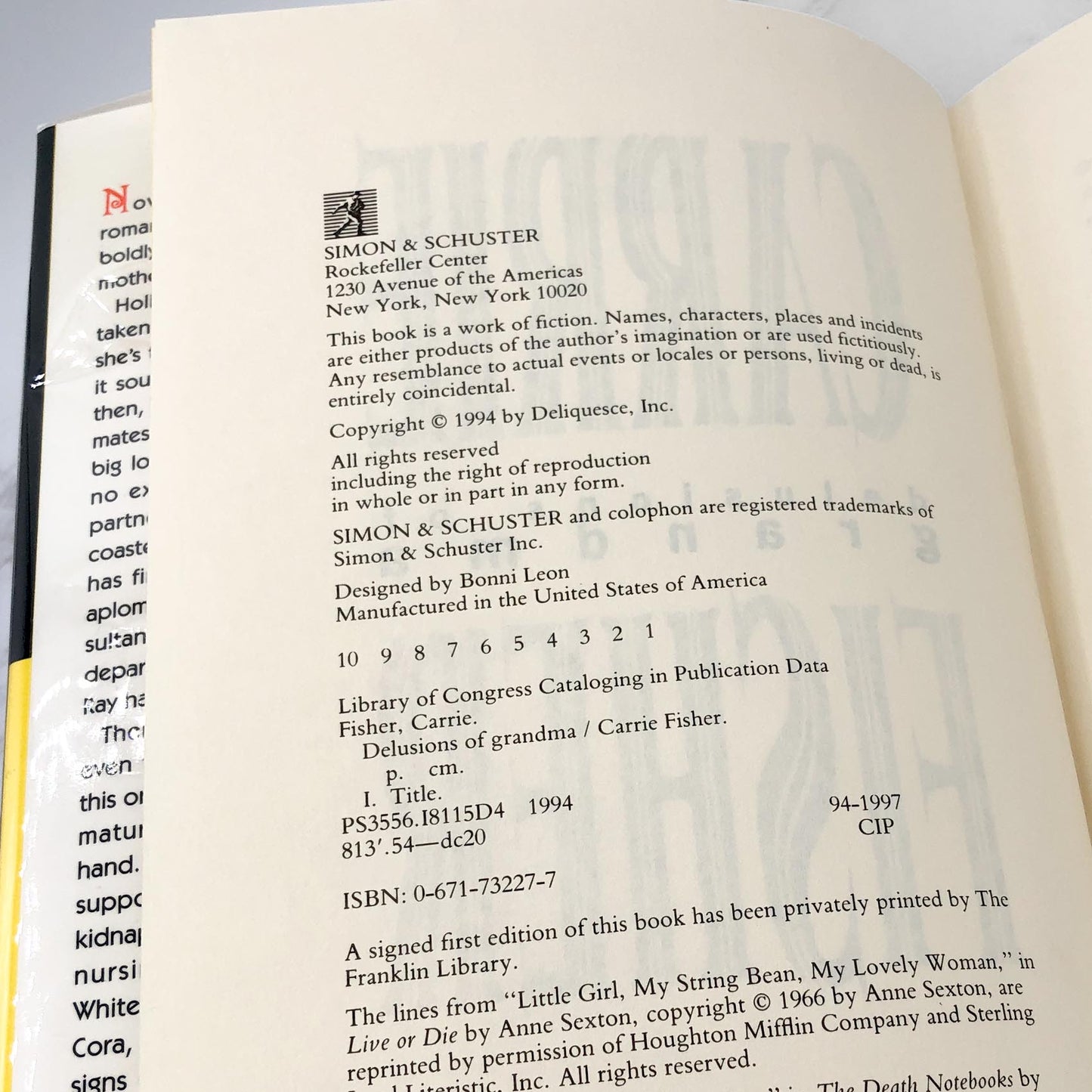 Delusions of Grandma by Carrie Fisher [FIRST EDITION • FIRST PRINTING] 1994 • Simon & Schuster