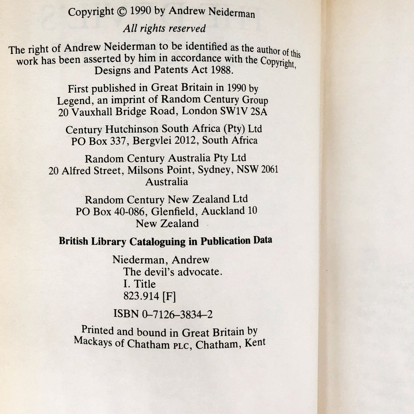 The Devil's Advocate by Andrew Neiderman [U.K. FIRST EDITION • FIRST PRINTING] 1990 • Century Legend
