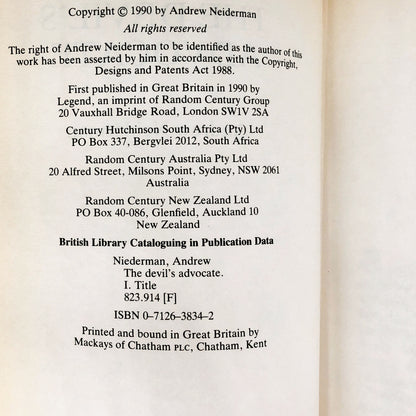 The Devil's Advocate by Andrew Neiderman [U.K. FIRST EDITION • FIRST PRINTING] 1990 • Century Legend