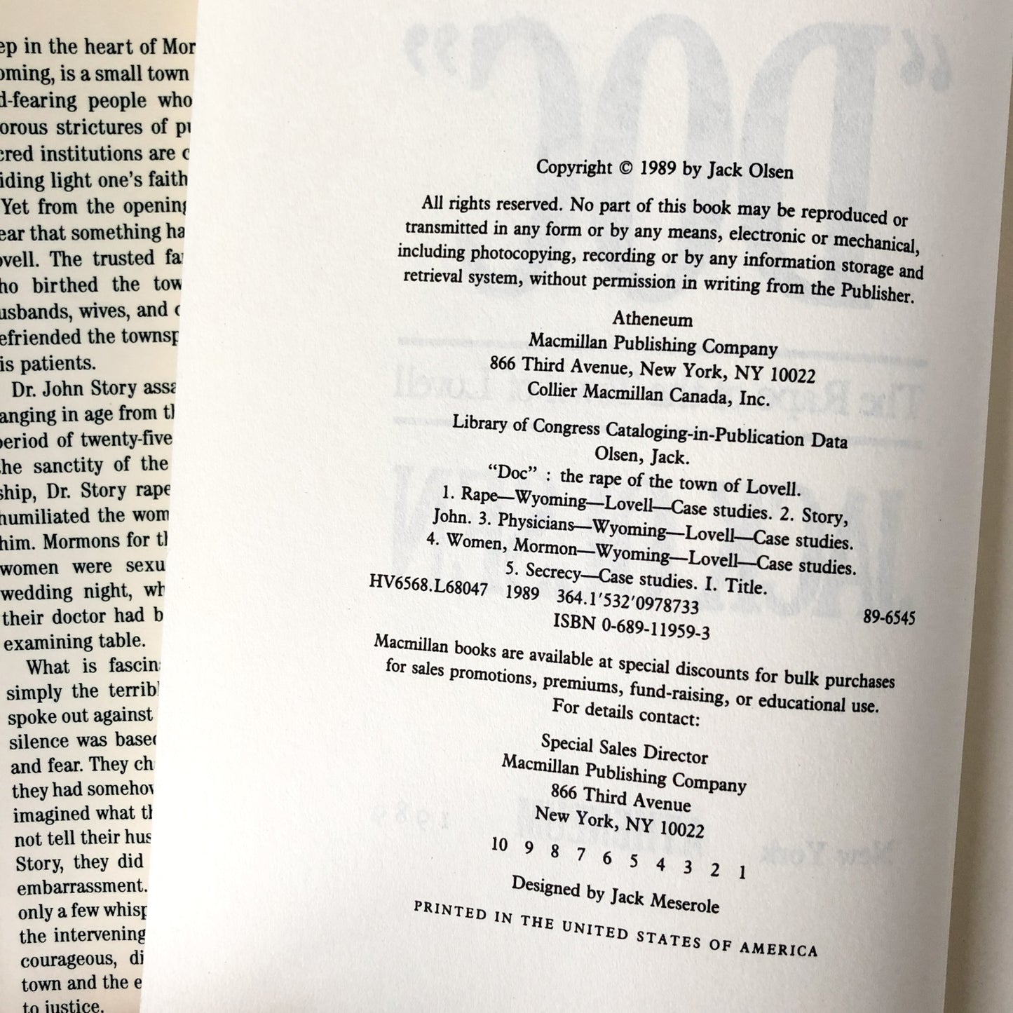 Doc: The Rape of the Town of Lovell by Jack Olsen [FIRST EDITION • FIRST PRINTING] 1989 • Atheneum