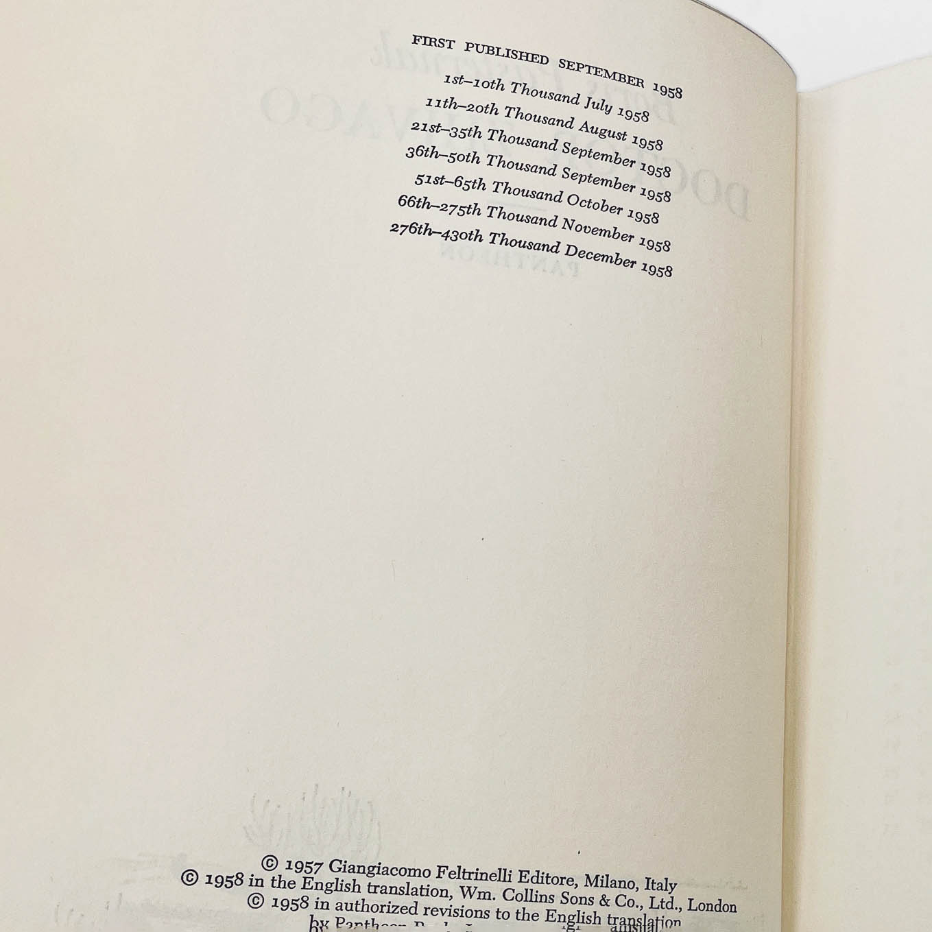 Doctor Zhivago by Boris Pasternak [U.S. FIRST EDITION] 1958 • Pantheon • 7th Print w/ $5 Jacket Price
