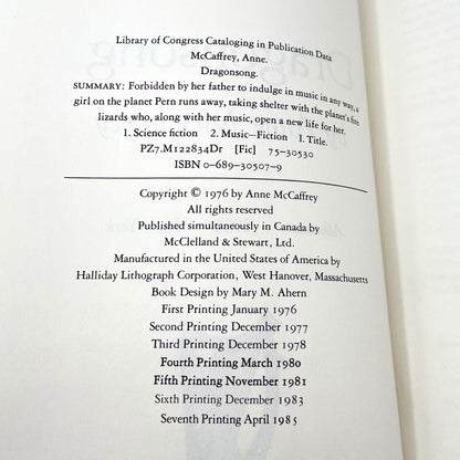 Dragonsong by Anne McCaffrey [FIRST EDITION] 1976 • 7th Print / 1985 • Atheneum • Mint!