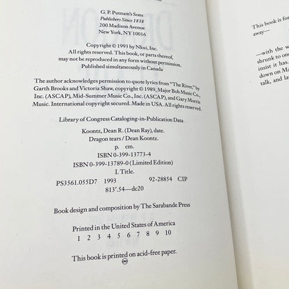 Dragon Tears by Dean Koontz [FIRST EDITION • FIRST PRINTING] 1993