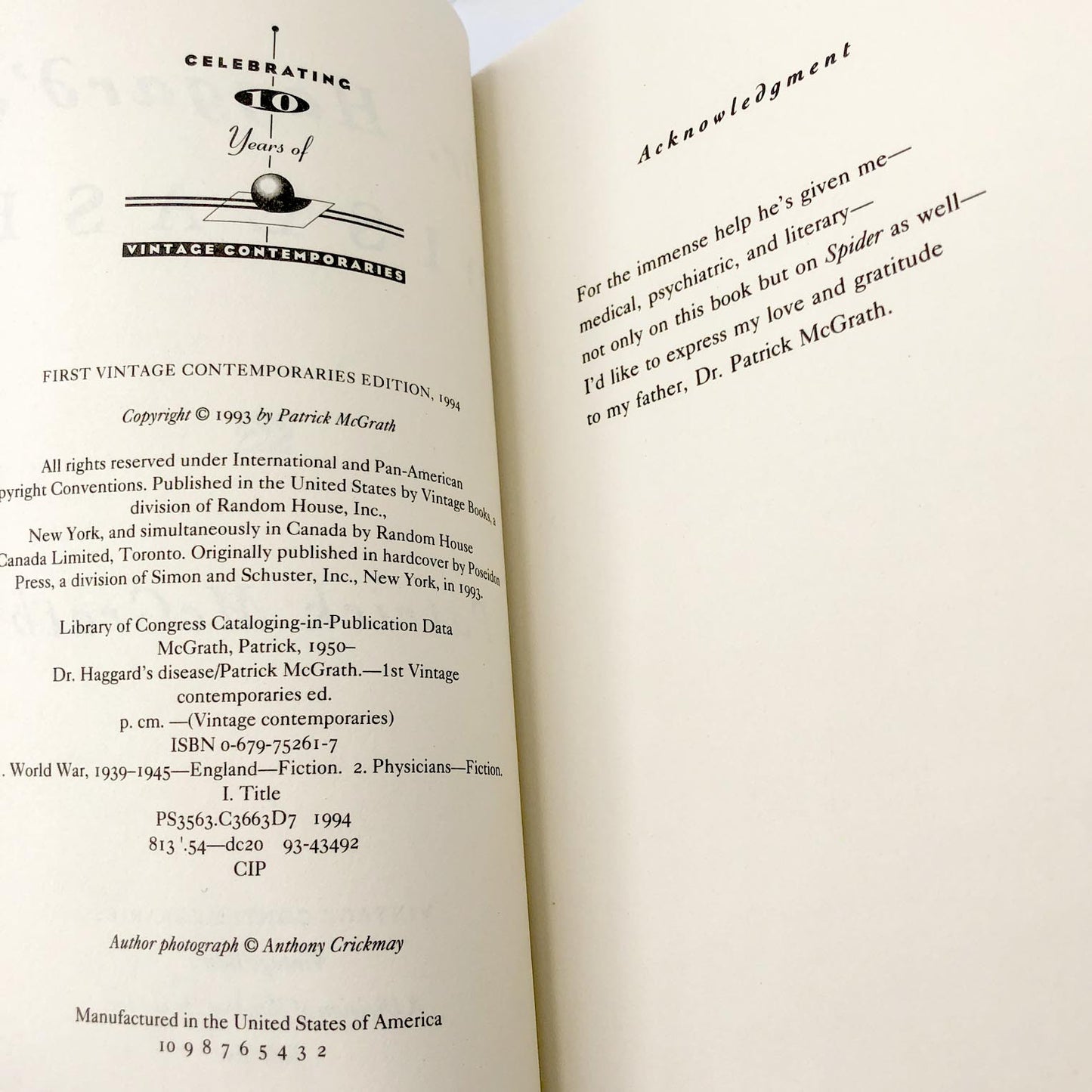 Dr. Haggard's Disease by Patrick McGrath [FIRST PAPERBACK EDITION] 1994 • Vintage Contemporaries