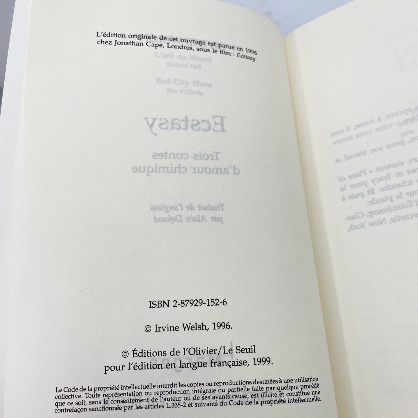 Ecstasy by Irvine Welsh [FIRST FRENCH LANGUAGE EDITION] 1999 • Marges • L'Olivier